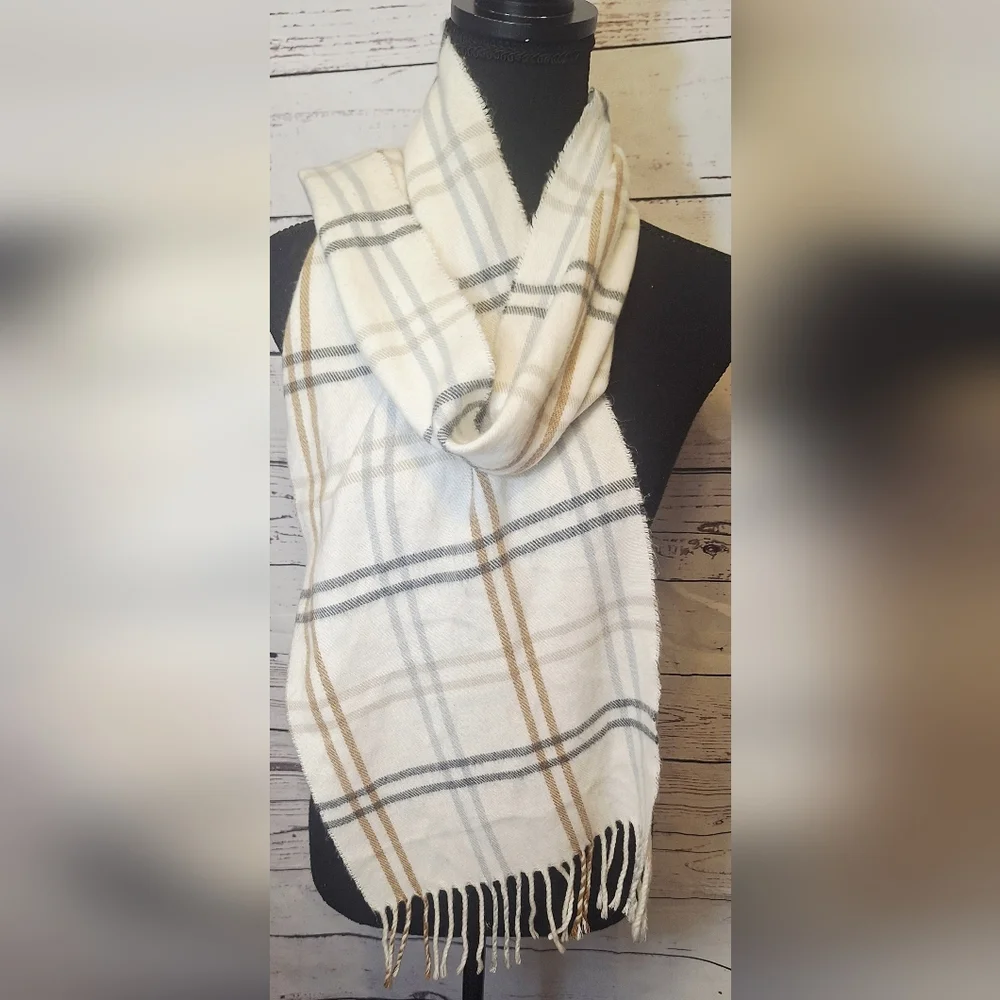 Plaid White and Tan Scarf With Fringe Edge #1760